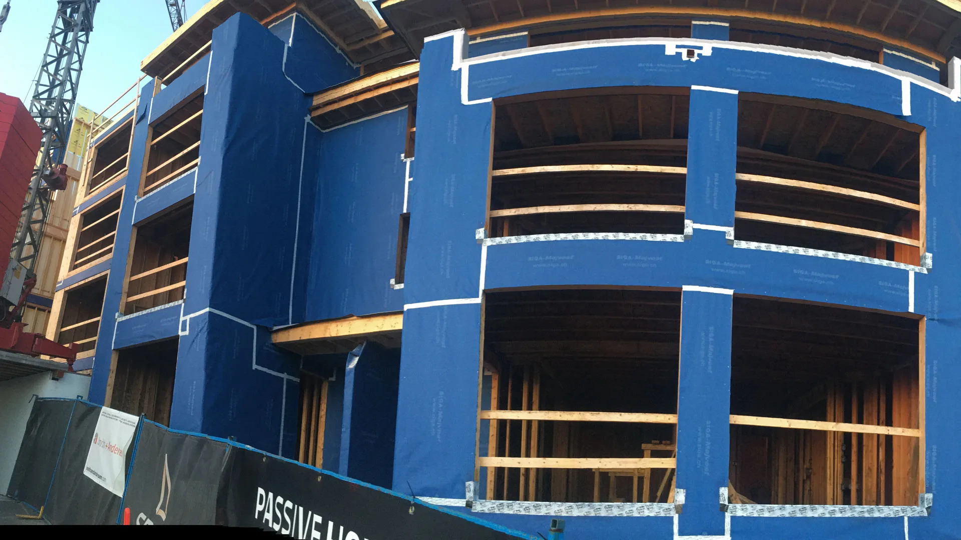 Blue exterior weather barrier on a building envelope project